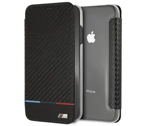 BMW Puzdro typu kniha Carbon Tricolor Stripe pre iPhone XS Max čierna