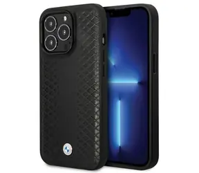 BMW Zadný kryt kožený s diamantovým vzorom pre iPhone 14 Pro čierna