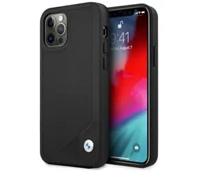 BMW Zadný kryt kožený s reliéfnym vzorom pre iPhone 12 Pro Max čierna