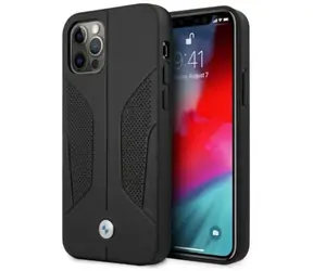 BMW Zadný kryt kožený perforovaný s bokmi pre iPhone 12 Pro Max čierna