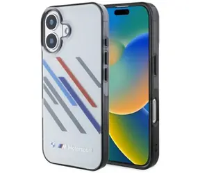 BMW Zadný kryt Motosport Random Stripes pre iPhone 16 PLUS sivá