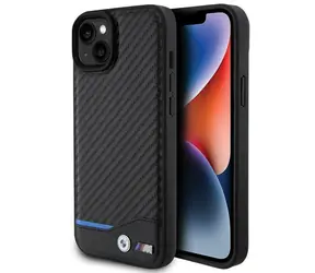 BMW Zadný kryt kožený karbónový pre iPhone 15 PLUS čierna