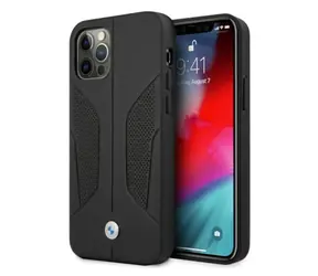 BMW Zadný kryt perforovaný kožený pre iPhone 12 / 12 Pre čierna