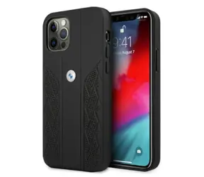 BMW Zadný kryt Curve perforovaný kožený pre iPhone 12 / 12 Pre čierna