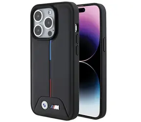 BMW Zadný kryt prešívaný trojfarebný pre iPhone 15 Pro čierna