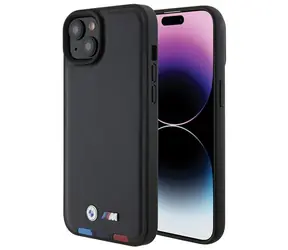 BMW Zadný kryt kožený pečiatkový Tricolor pre iPhone 15 PLUS 6,7 čierna
