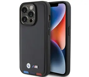 BMW Zadný kryt kožený pečiatkový Tricolor pre iPhone 15 Pro 6,1 čierna