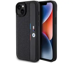 BMW Zadný kryt perforovaný Tricolor Line pre iPhone 15 PLUS / 14 PLUS čierna