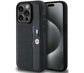BMW Zadný kryt perforovaný Tricolor Line pre iPhone 15 Pro čierna