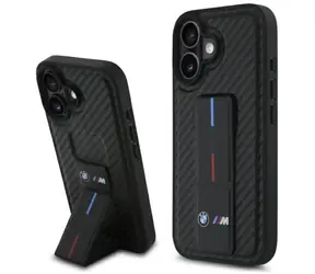 BMW Zadný kryt Grip Stand Smooth and Carbor pre iPhone 16 čierna