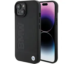BMW Zadný kryt kožený Hot Stamp pre iPhone 15 PLUS čierna