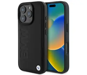 BMW Zadný kryt kožený Hot Stamp pre iPhone 16 Pre čierna