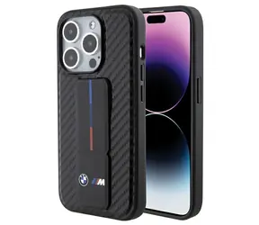 BMW Zadný kryt Grip Stand Smooth & Carbon pre iPhone 15 Pro čierna