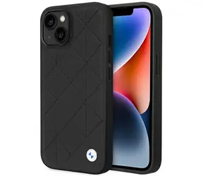 BMW Zadný kryt prešívaný kožený pre iPhone 14 6,1 čierna