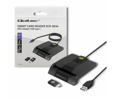 Qoltec 50634 Múdra čítačka čipových kariet 1m čierna / USB 2.0 / USB - C adapter / LED Dióda