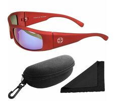 Polarized Okuliare slnečné 77 - obrúčky červené - sklá modrá zrkadlové / polarizačné sklá / púzdro a utierka