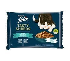 PURINA Felix Tasty Shreds with salmon &amp; tona 4X 80g / Kapsičky pre mačky / tuniak s lososom