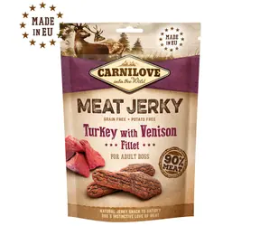CARNILOVE Jerky morčacie filet so zverinou 100 g / Sušené mäsové maškrty pre psov 