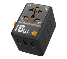 Tessan WTA-01 sivá / Cestovný adaptér / 2500W / EU &amp; UK &amp; AU &amp; US / 2x USB-A / 1x USB-C