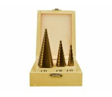 GEKO Vrtáky stupňovté sada 3ks / 4-12mm / 4-20mm / 4-32mm / drevená kazeta / TiN