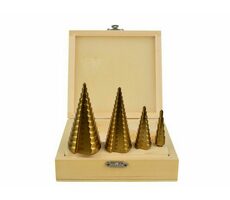 GEKO Vrtáky stupňovté sada 4ks / 4-12mm / 4-20mm / 4-32mm / 4-39mm / drevená kazeta / TiN