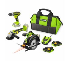 Fieldmann 20V Štartovacia sada do dielne / Kotúčová píla / Vŕtačka s príklepom / Uhlová brúska / Batéria + rýchlonabíjač 