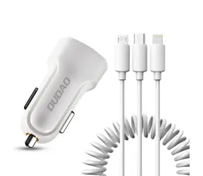 Dudao R7 nabíjačka do auta / 2x USB / 2.4A / USB kábel 3v1 Lightning / micro USB / biela