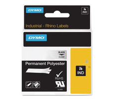 Dymo originálna páska do tlačiarne štítkov 19mm x 5.5m (priehľadný podklad) / čierna tlač / RHINO permanentná polyesterová 