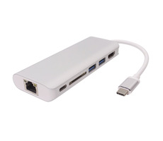 PremiumCord Prevodník USB3.1 na HDMI/RJ45/2x USB3.0/slot na SD karty/PD charge/0,2m/strieborná