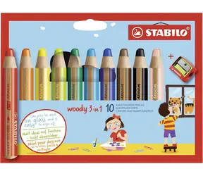 STABILO® Woody 3 in 1 - 10 ks sada s strúhadlom - 10 rôznych farieb