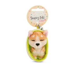Nici GREEN kľúčenka spiaca Psík Welsh Corgi + svetlo zelený košík 12 cm