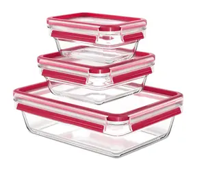 Emsa Clip&amp;Close Sklenené krabičky na potraviny 0.45 l &amp; 0.8 l &amp; 2 l červená