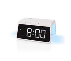 Nedis WCACQ30WT biela / Budík s bezdrôtovou nabíjačkou / 15 W / 1x USB-A / 1x USB-C / nočná lampička 