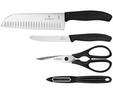 VICTORINOX Swiss Classic sada 2x nôž + kuchynské nožnice + škrabka na zeleninu čierna