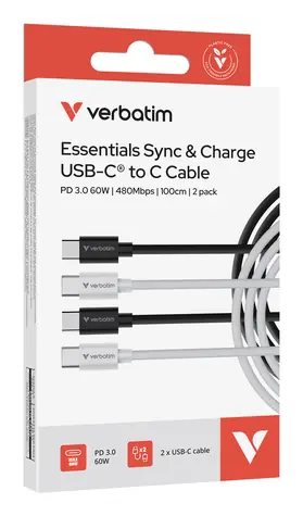 Verbatim Essentials Sync & Charge USB-C čierna + biela / Kábel / USB-C na USB-C / 60 W / 1 m / 2 ks