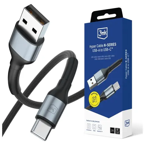 3mk Hyper Cable N-SERIES USB-A na USB-C čierna / Kábel / 1 m / 9V/2A 18W / QC 3.0
