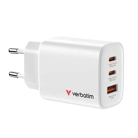 Verbatim GaN III Essentials biela / Cestovný nabíjací adaptér / 65W / 2x USB-C / 1x USB-A / PD 3.0 / QC 3.0