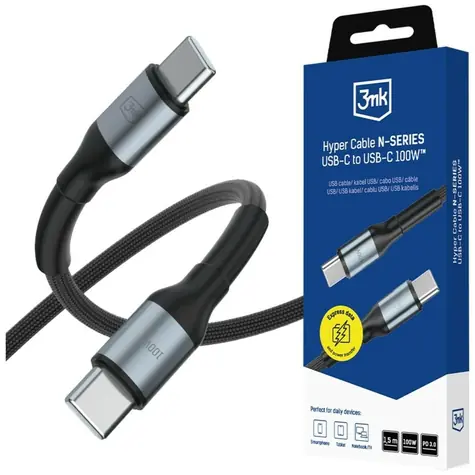 3mk Hyper Cable N-SERIES čierna / Dátový kábel / USB-C na USB-C / 1,5 m / 100W / PD 3.0 / QC 3.0