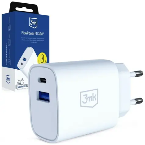 3mk FlowPower 30W biela / Nabíjačka / GaN / USB 1xA+1xC / PD 3.0 / QC4+