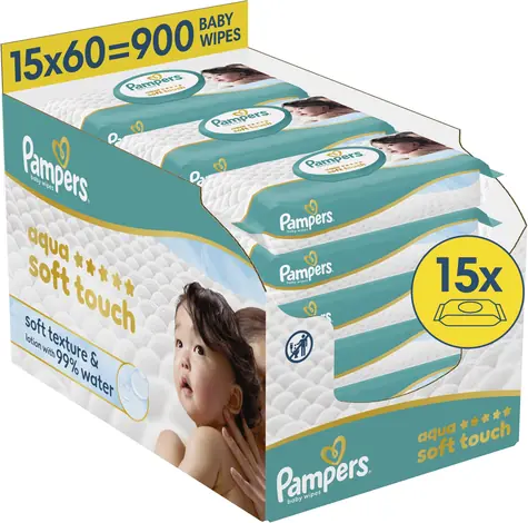 Pampers Aqua Soft Touch / Vlhčené obrúsky / 900 ks (15 × 60 ks) / Plastic Free