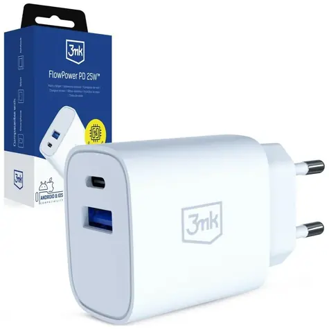 3mk FlowPower 25W biela / Nabíjačka / GaN / PD / QC4+ / 1× USB-A + 1× USB-C