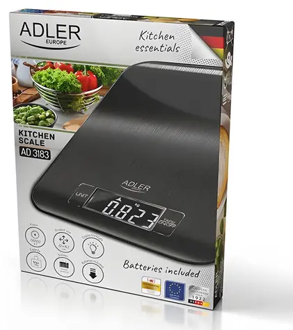 Adler AD 3183b čierna / Kuchynská váha / Presnosť 1 g / Maximálne 5 kg / kg & g & lb & oz / 2 x CR2032