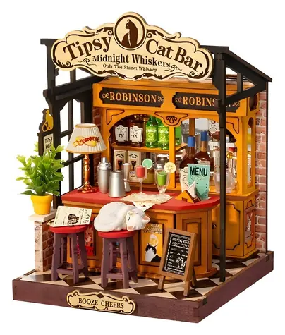 Robotime Miniatúra Tipsy Cat Bar / 3D drevená skladačka / 136 dielikov / od 14 rokov
