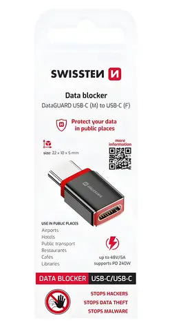 Swissten DataGUARD čierna / Nabíjací adaptér / USB-C na USB-C / blokácia dát