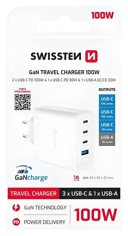 Swissten Core GaN biela / Sieťový adaptér / 2x USB-C PD 100W / USB-C PD 20W / USB-A QC 30W