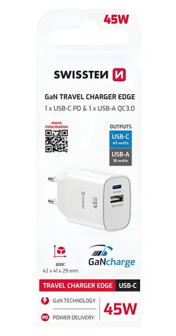 Swissten Edge GaN biela / Sieťový adaptér / USB-C 45W PD / USB-A 18W QC