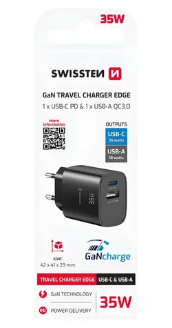Swissten Edge GaN USB-C/USB-A čierna / Sieťový adaptér / 35W PD / 18W QC