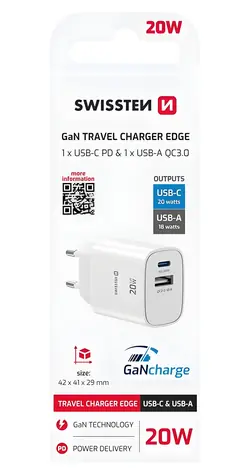 Swissten Edge biela / Sieťový adaptér / GaN / USB-C PD 20W / USB-A QC 18W