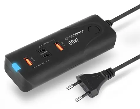 Esperanza EZC109 čierna / Sieťová nabíjačka / 60W / 2× USB-C + 2× USB-A / PD / QC 3.0