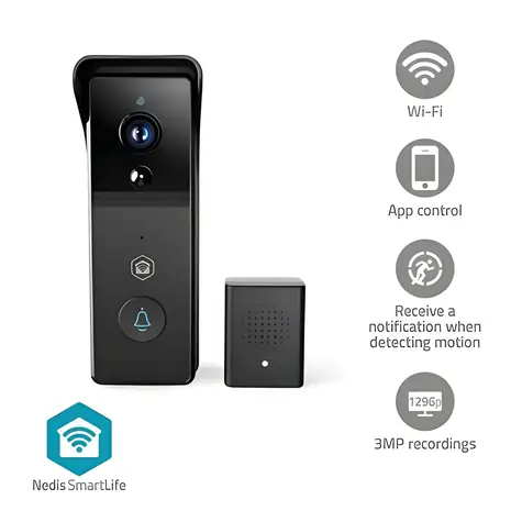 Nedis WIFICDP21BK čierna / Chytrý dverný videotelefón / Wi-Fi / SmartLife / 3MP 1296p / IP54 / batéria 4400 mAh / microSD